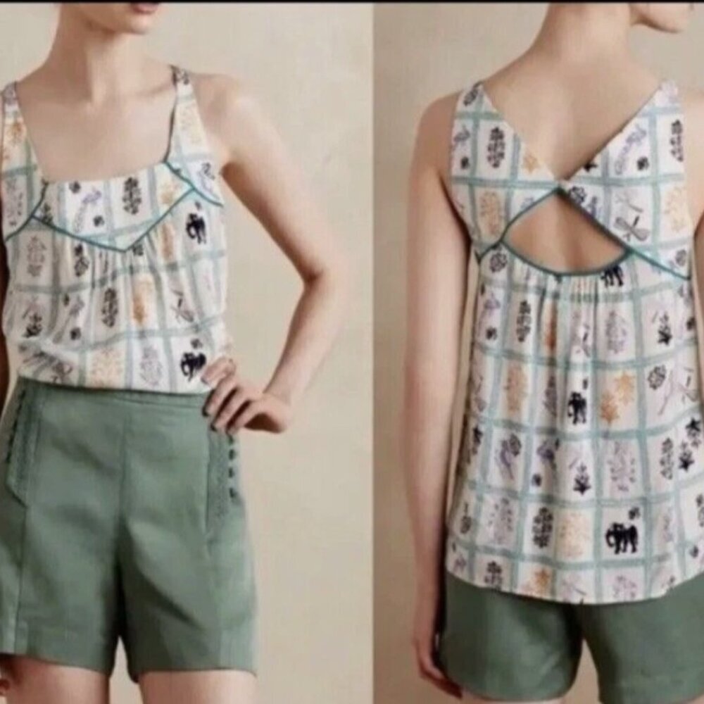 Maeve by Anthropologie Elephant Dragonfly Floral Teal and White Patterned Top